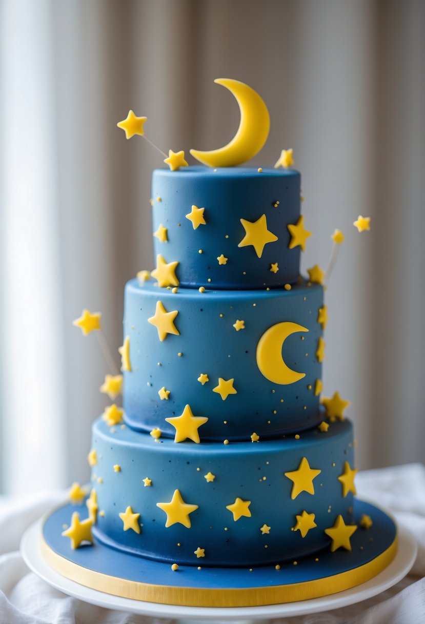 A multi-tiered blue wedding cake decorated with yellow stars and crescent moons.