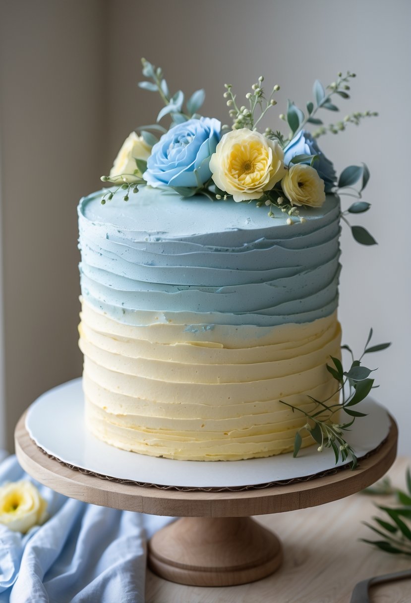 A rustic wedding cake decorated with blue and yellow buttercream frosting and floral accents on a wooden stand.