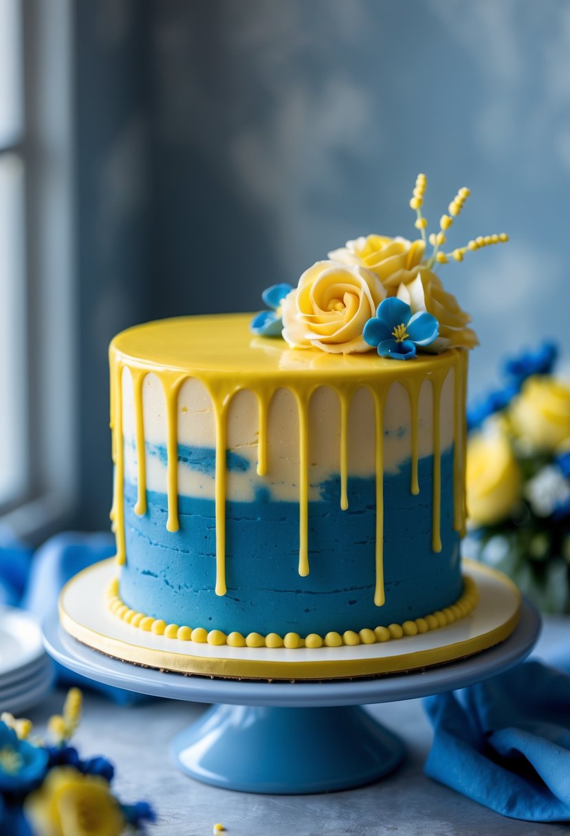 A yellow drip cake on a blue buttercream base, decorated with subtle floral accents.