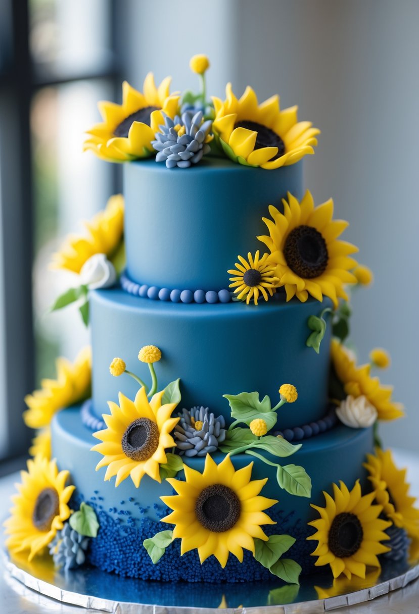A blue wedding cake decorated with yellow sunflower decorations on a plain background.