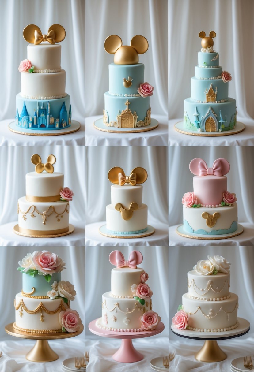 A collection of fourteen beautifully decorated wedding cakes inspired by Disney themes, each featuring unique designs and colorful details.
