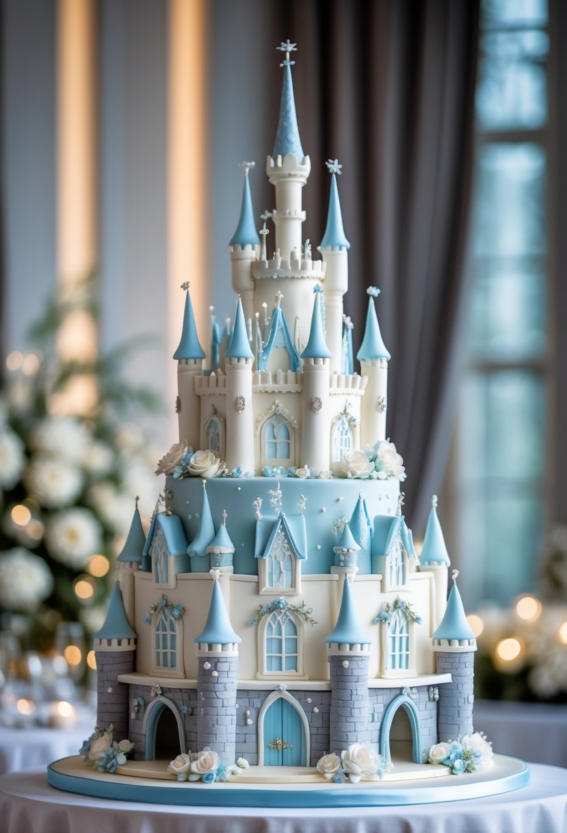 A multi-tiered wedding cake designed to look like Cinderella Castle, decorated with pastel colors and sugar flowers, displayed on a white table.
