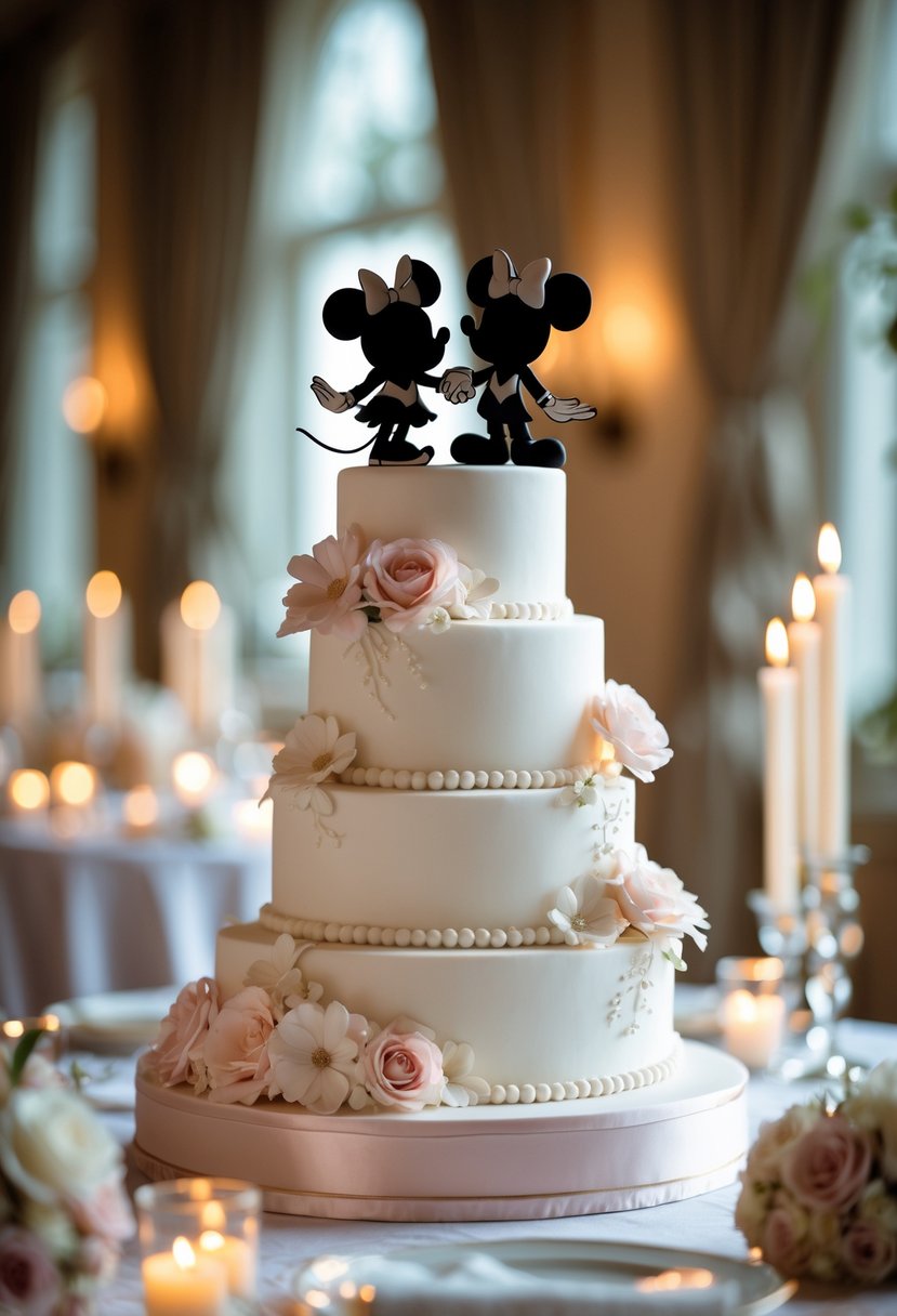 A multi-tiered wedding cake topped with silhouettes of Mickey and Minnie Mouse, decorated with flowers and pearls on a reception table.