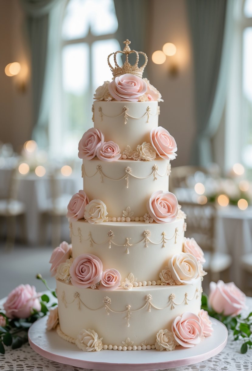 A three-tiered wedding cake decorated with pink and cream rosettes and floral patterns, displayed on a lace-covered table with wedding decorations in the background.