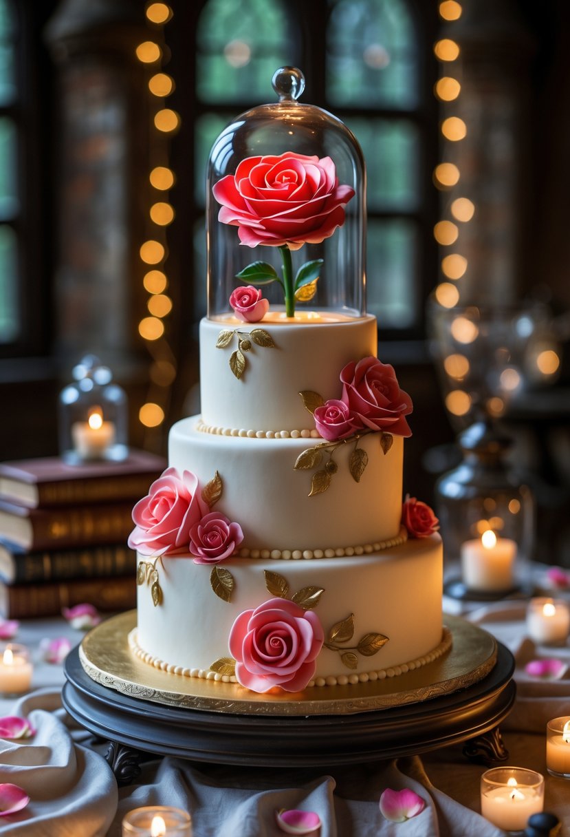 A multi-tiered wedding cake decorated with ivory fondant, gold accents, and sugar roses, topped with a red rose under a glass dome, displayed on a wedding table with rose petals and soft lighting.