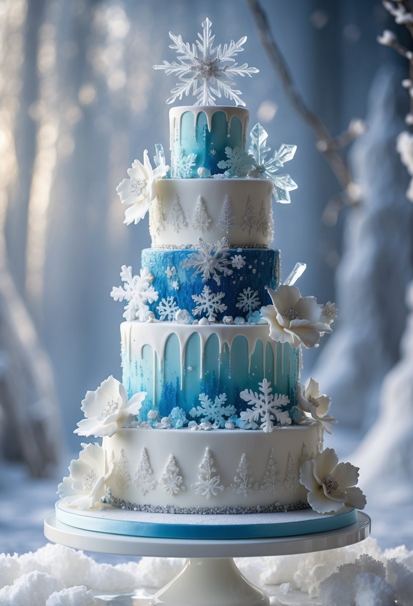 A multi-tiered wedding cake decorated with blue and white snowflakes, sugar crystals, and silver accents on a white stand.