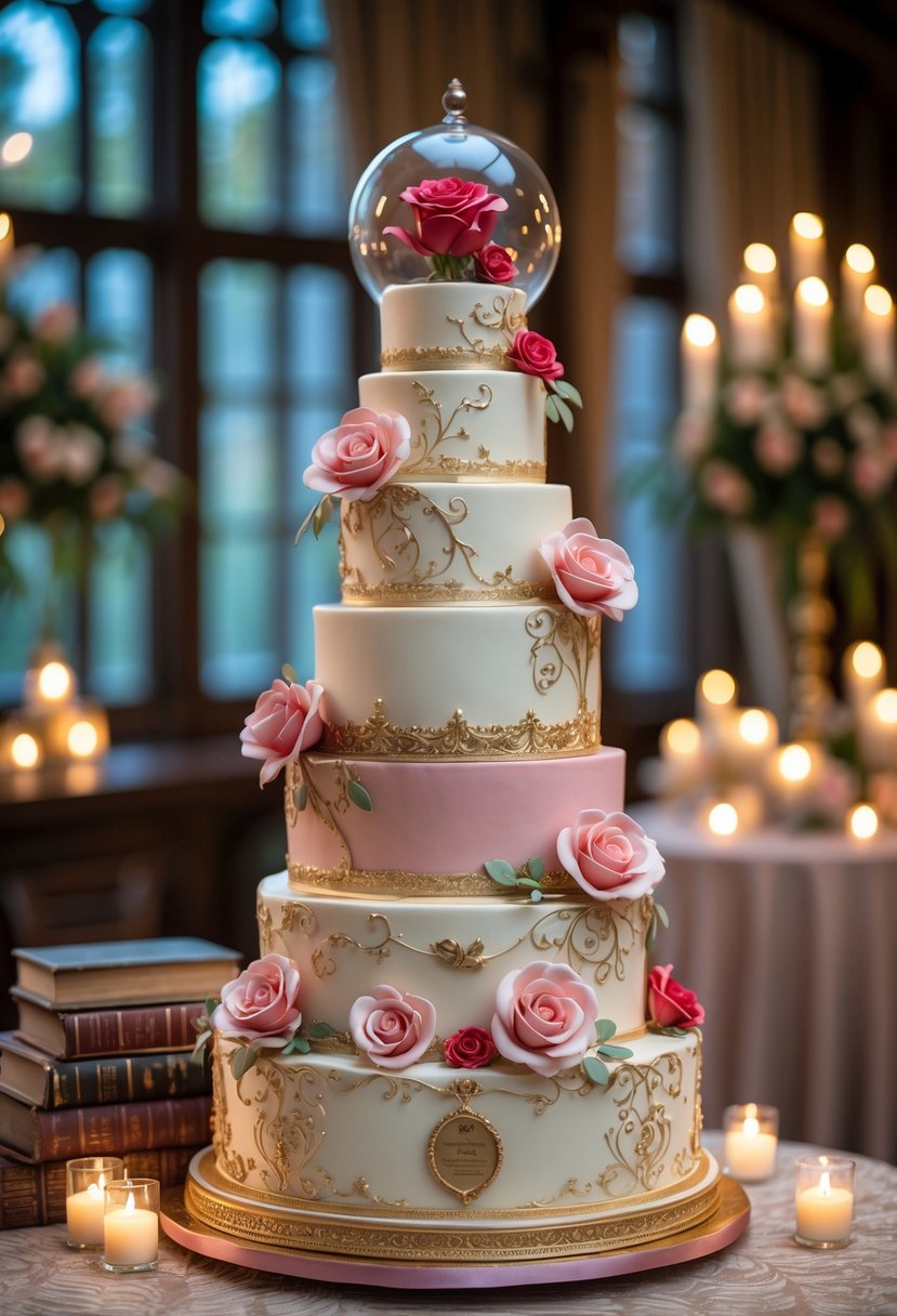 A multi-tiered wedding cake decorated with red roses and gold accents, placed on a table with vintage books and candles in a wedding reception setting.
