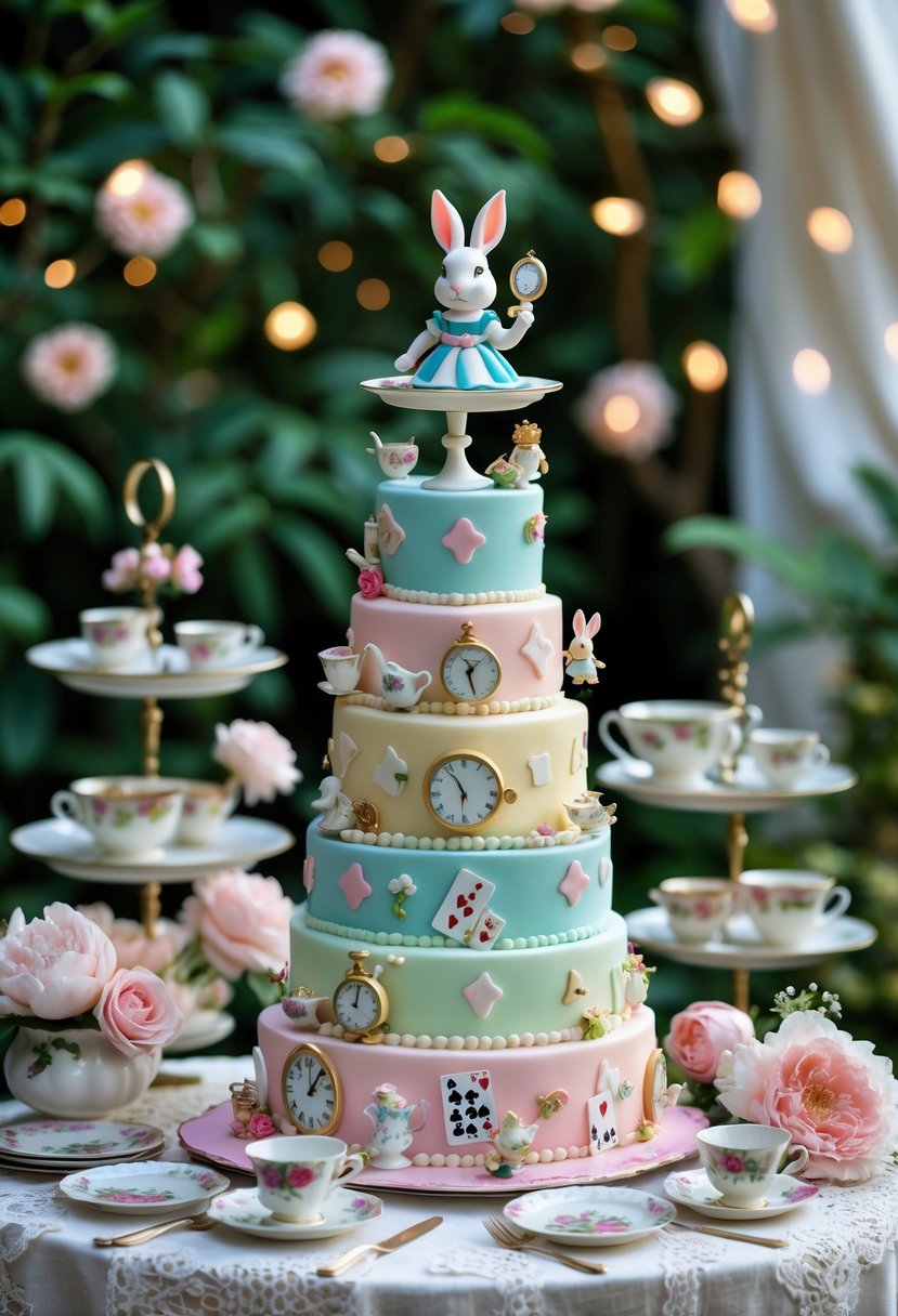 A multi-tiered wedding cake decorated with Alice in Wonderland themed elements like a white rabbit figurine, playing cards, and teacups, surrounded by flowers and tea sets on a garden table.