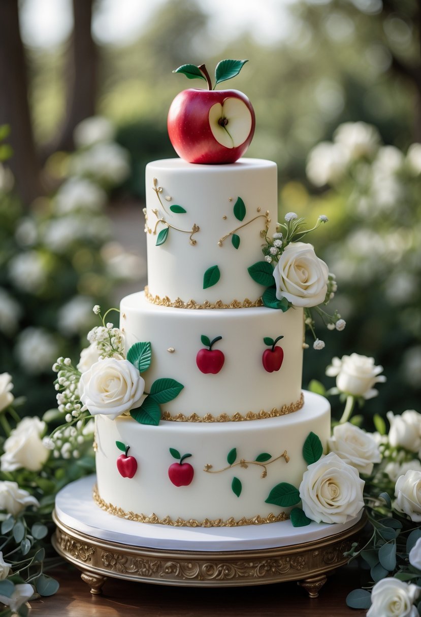 A multi-tiered white wedding cake decorated with red apples, green leaves, and gold accents, displayed on a wooden table with flowers and a garden background.