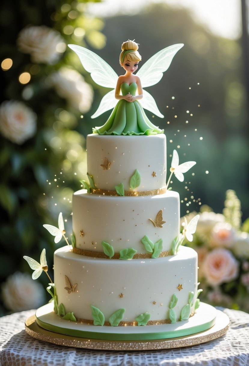 A multi-tiered wedding cake decorated with green and gold accents, featuring a small Tinker Bell figurine and sparkling pixie dust details on a lace-covered table with floral decorations in the background.