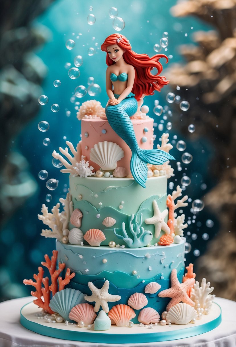 A multi-tiered wedding cake decorated with sea elements and a mermaid figurine on top, set against an ocean-themed background.
