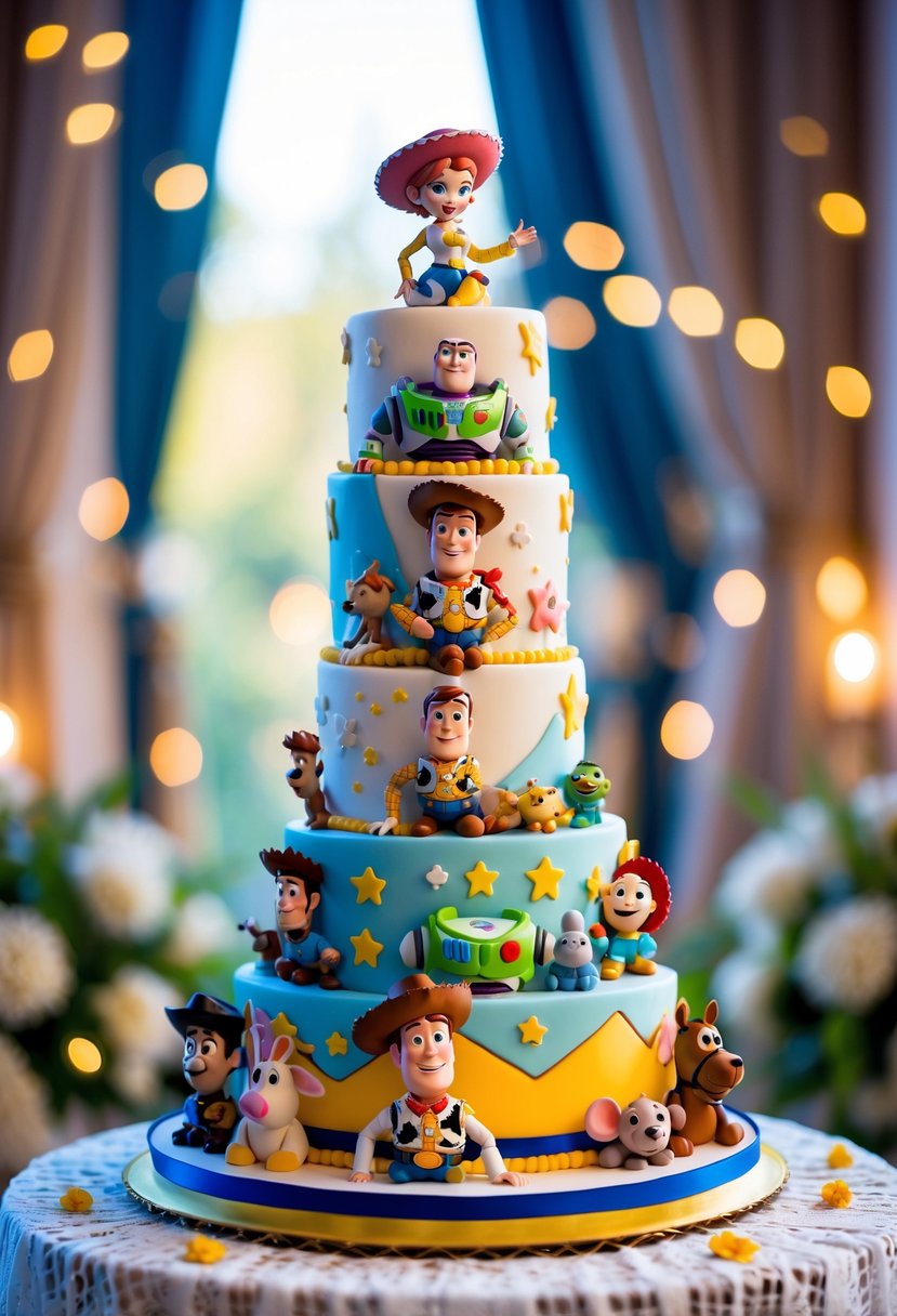 A multi-tiered wedding cake decorated with Toy Story character figurines and colorful themed decorations on a lace-covered table.