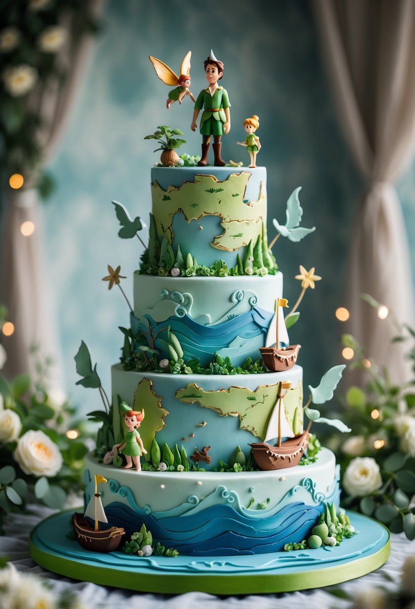 A multi-tiered wedding cake decorated with a detailed edible map of Neverland and small figurines of Peter Pan, Tinker Bell, and pirate ships.