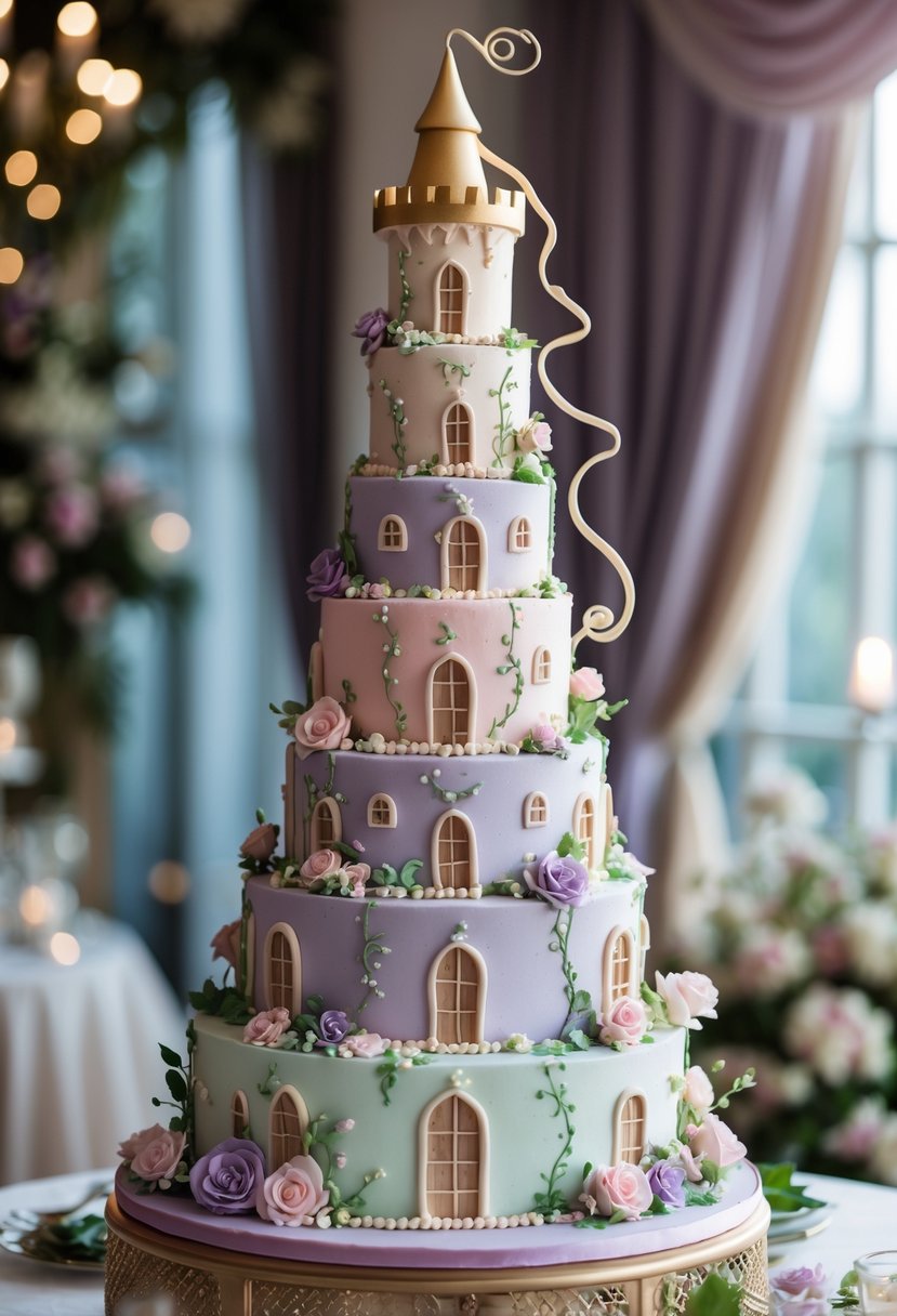 A tall wedding cake designed to look like Rapunzel's tower with pastel colors, flowers, and decorative details on a table at a wedding reception.