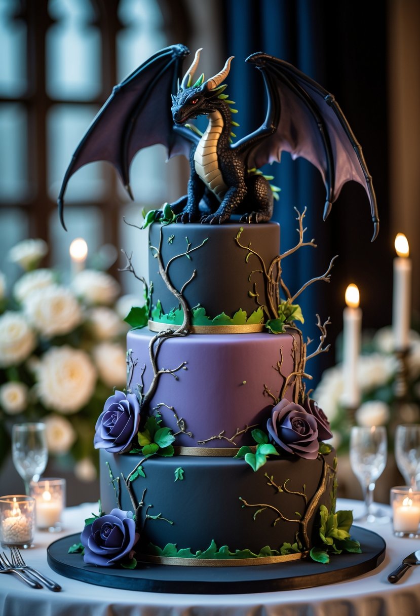 A multi-tiered wedding cake decorated with a dragon sculpture, dark roses, and thorny vines on a wedding reception table.
