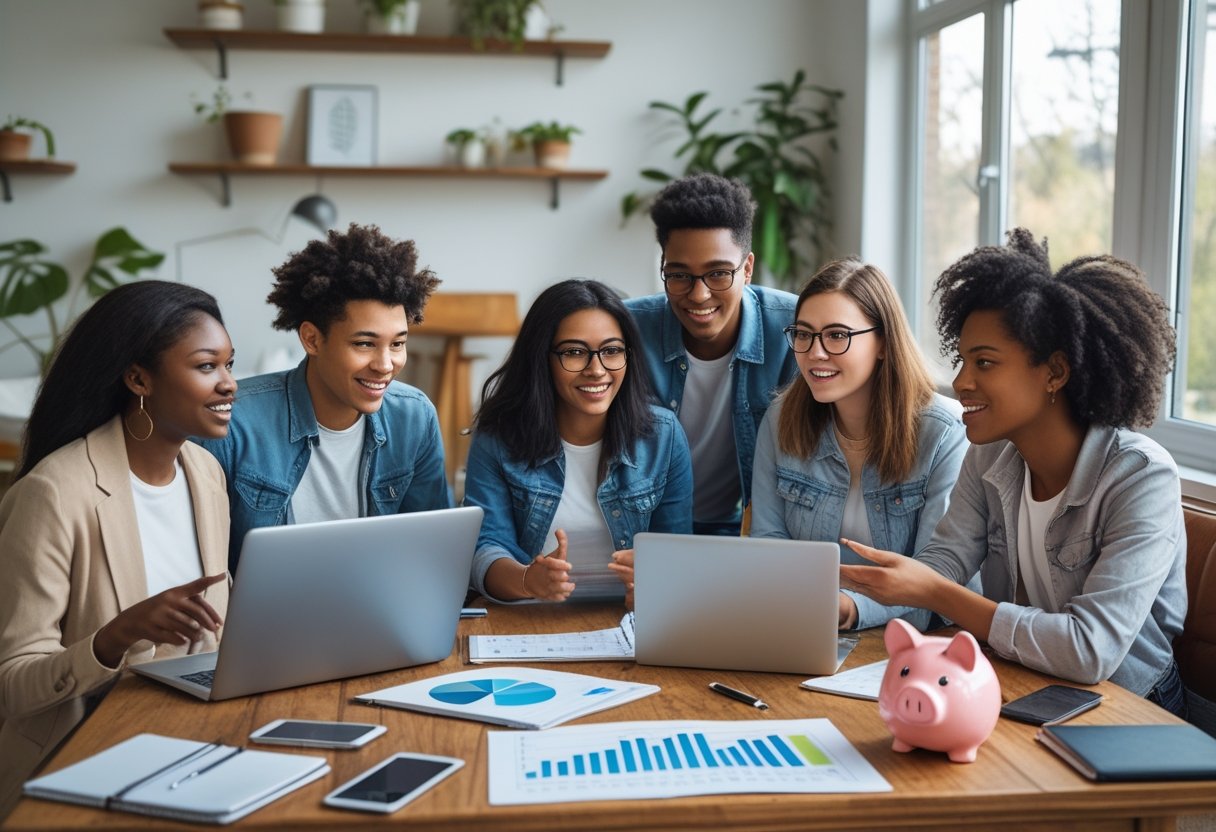 A group of young adults sitting around a table, discussing money-saving ideas with laptops, notebooks, and a piggy bank on the table.