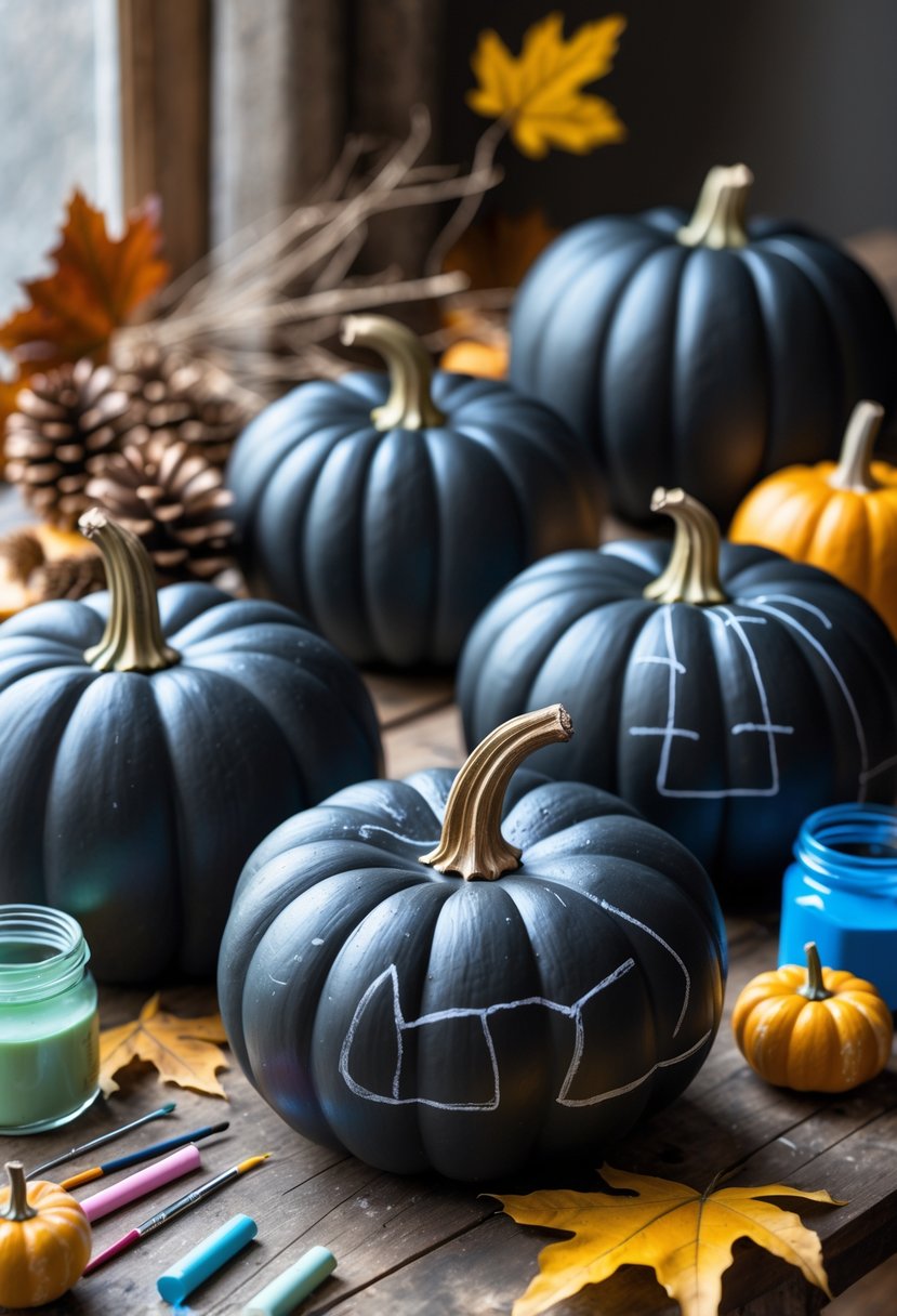 A collection of black chalkboard-painted pumpkins on a wooden table with paintbrushes, chalk, and autumn decorations surrounding them.