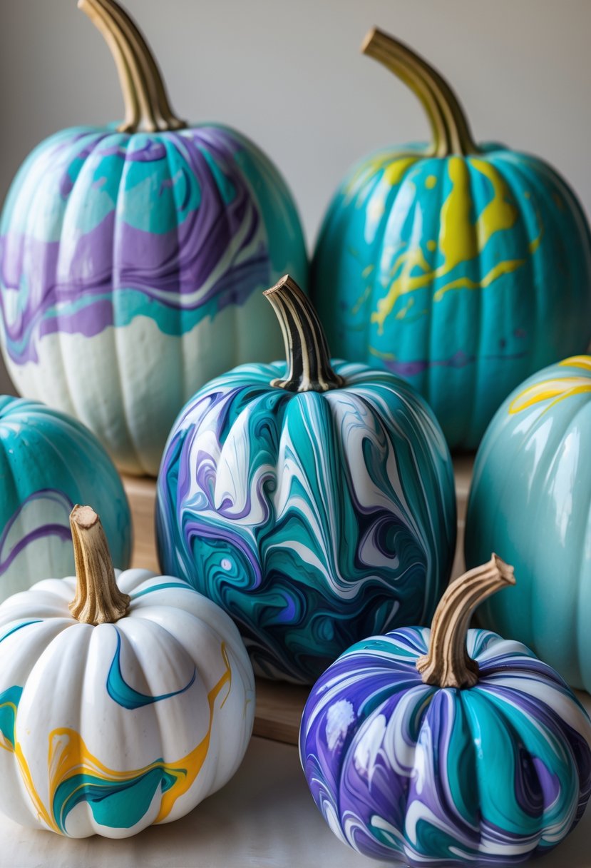 Several adult-sized pumpkins decorated with colorful marbled swirl patterns arranged on a plain surface.
