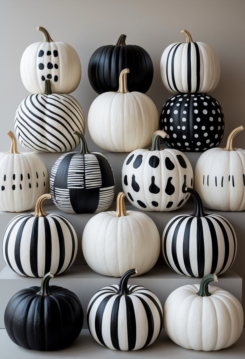 Fifteen pumpkins painted with bold black and white designs arranged together on a plain background.