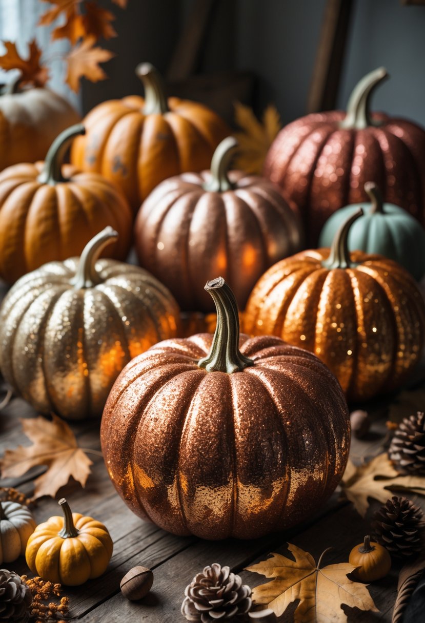 A group of glitter-coated pumpkins in autumn colors arranged on a wooden surface with fall leaves and pinecones around them.