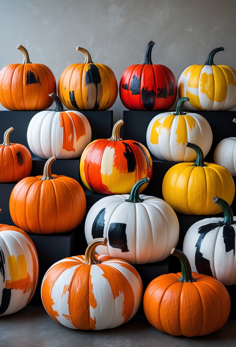 A collection of colorful painted pumpkins displayed together on a neutral background.