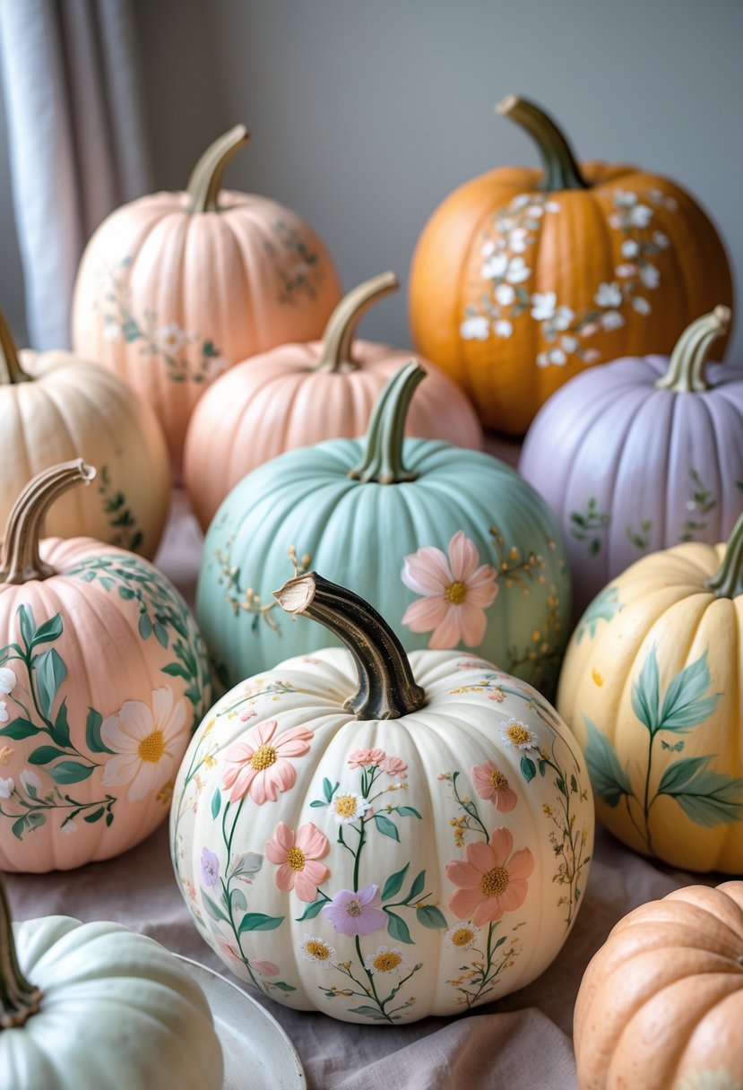 A collection of pumpkins painted with delicate floral designs in soft pastel colors arranged on a neutral surface.