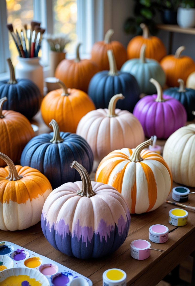 Fifteen painted pumpkins with smooth color gradients from dark to light shades arranged on a table with painting supplies.