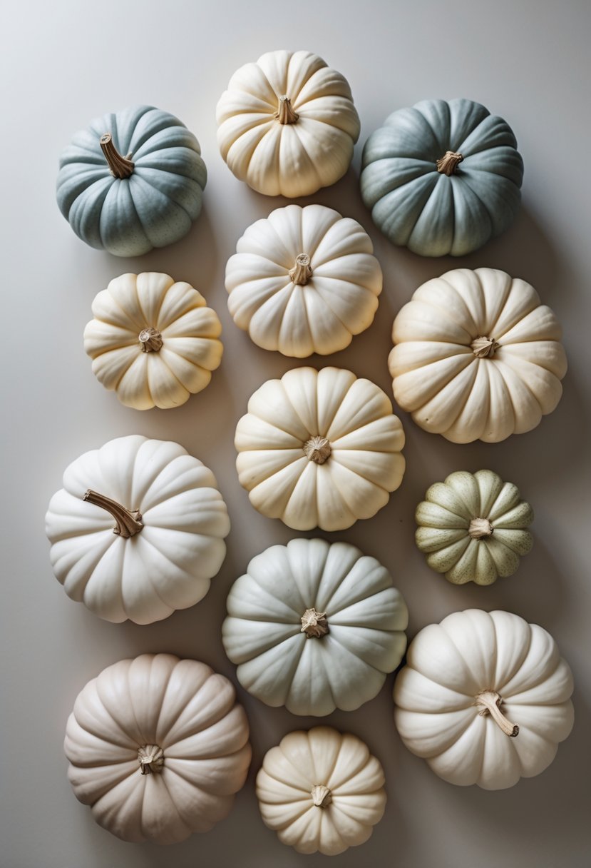A group of pumpkins with simple shapes and clean lines arranged on a plain surface.