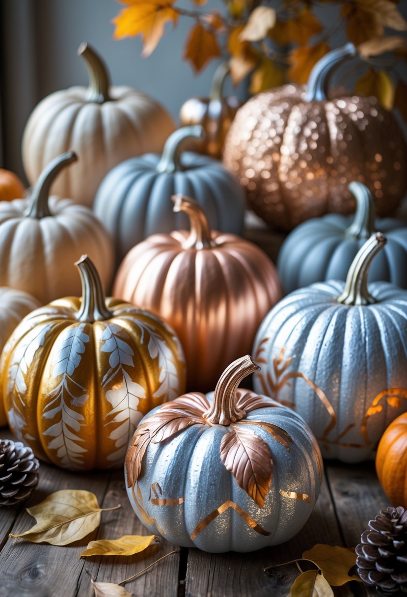 A group of 15 adult-sized pumpkins painted with metallic leaf accents in various designs, arranged on a wooden table with autumn decorations in the background.