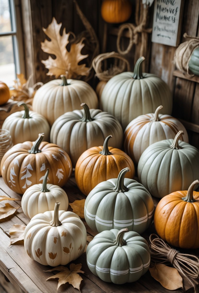 A group of 15 painted pumpkins in muted earth tones displayed on a wooden table with dried leaves and rustic decor.