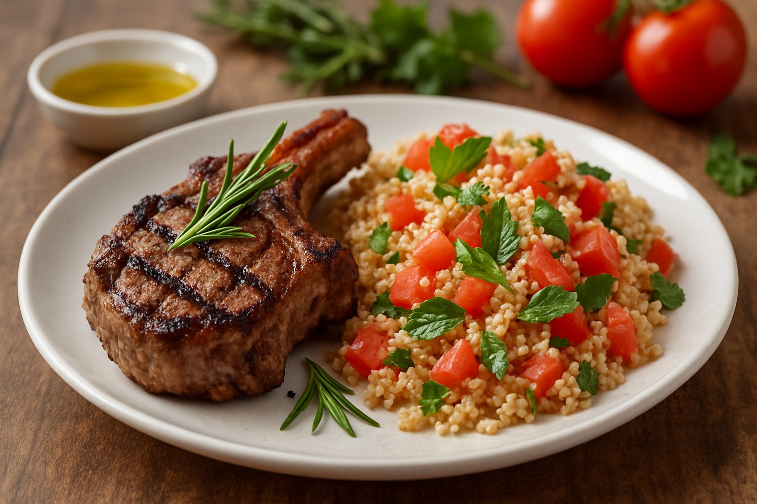 A grilled lamb chop on a white plate served with tomato mint quinoa on a wooden table.