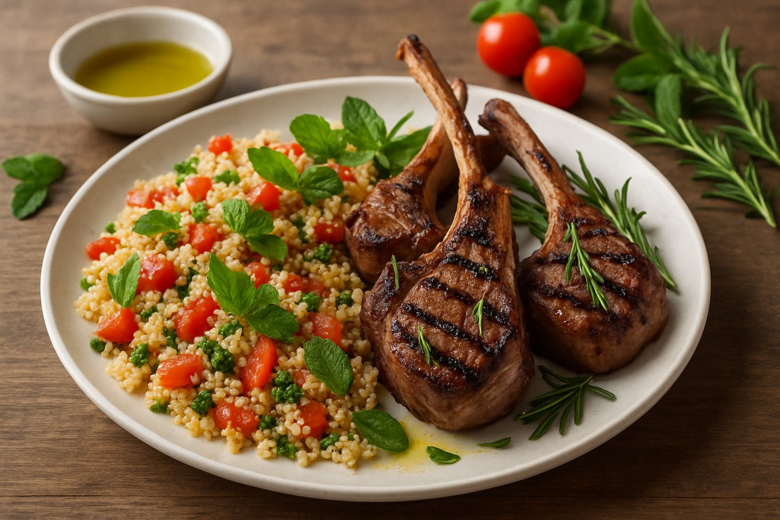 A plate of grilled lamb chops served with tomato mint quinoa on a wooden table, garnished with fresh herbs.