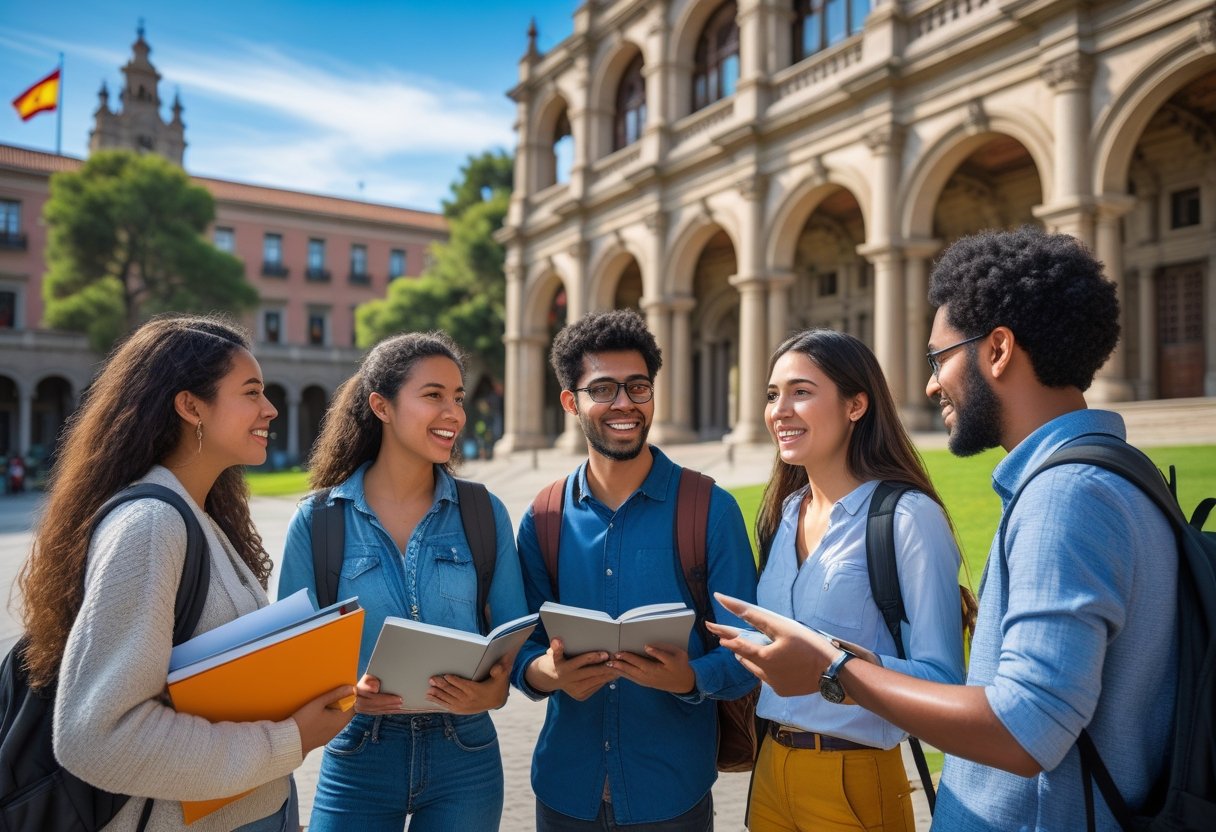 A diverse group of students studying and talking outside a historic university building in Spain on a sunny day.