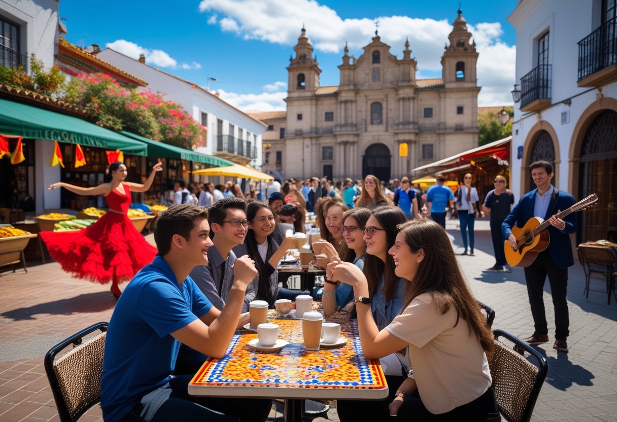 International students enjoying an outdoor café in Spain with a flamenco dancer, guitarist, historic buildings, and a busy street market in the background.