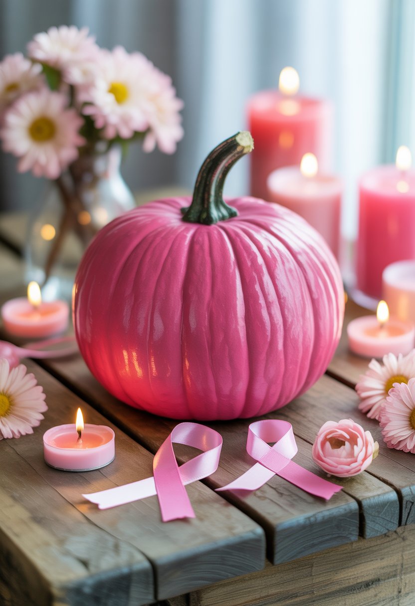A bright pink painted pumpkin on a wooden table surrounded by pink ribbons, candles, and flowers.