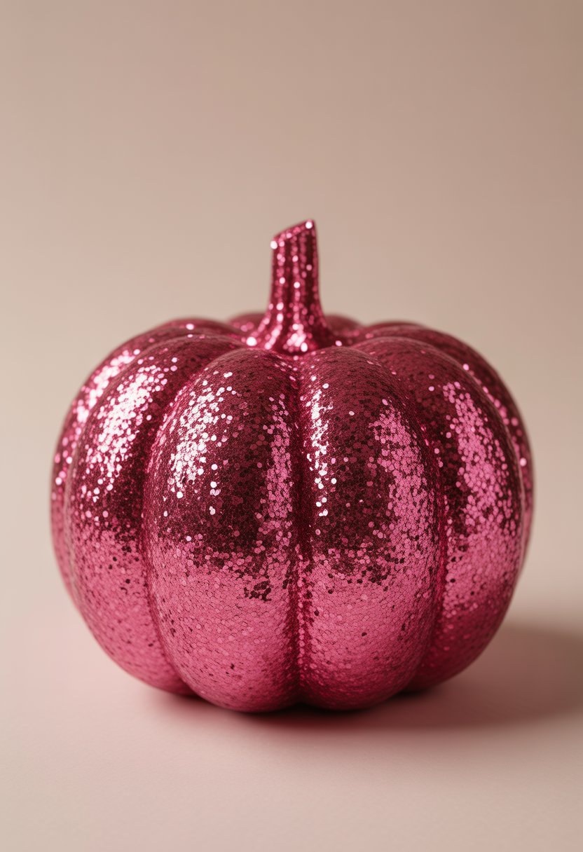 A medium-sized pumpkin covered entirely in pink glitter on a plain background.