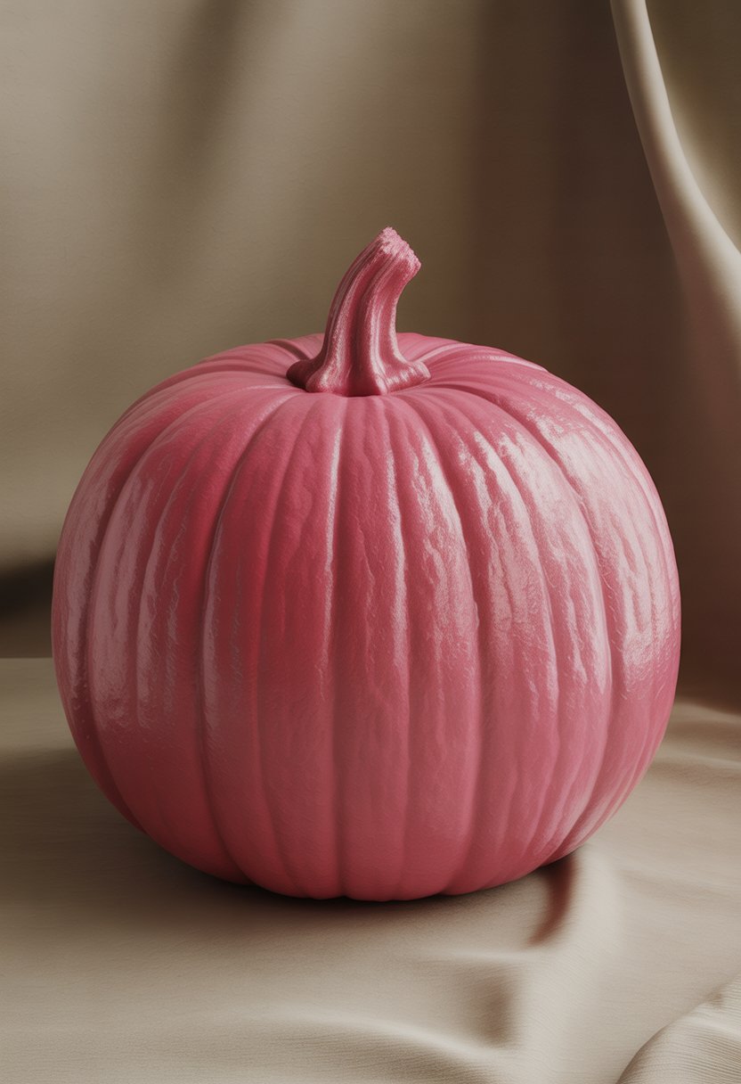 A single large pumpkin painted entirely pink on a plain background.