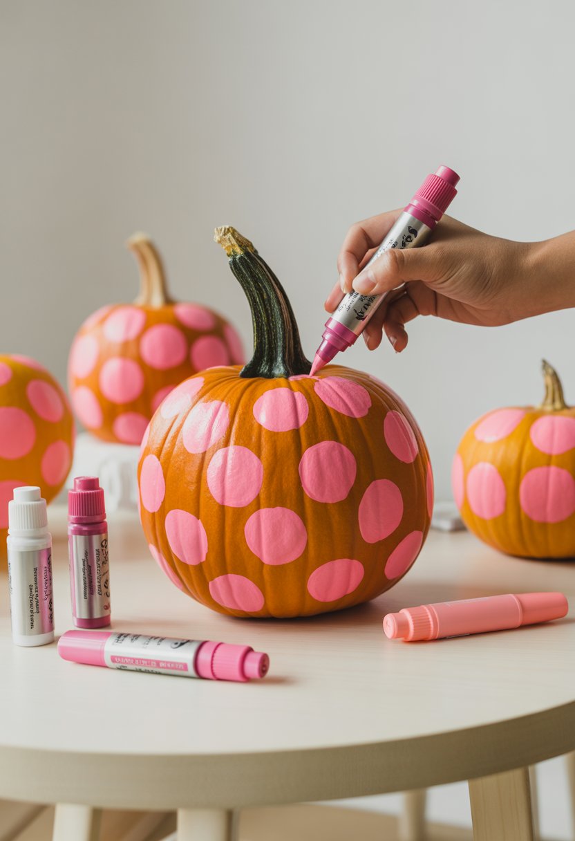 A hand decorating a pumpkin with pink polka dots using paint pens on a wooden table surrounded by other decorated pumpkins.