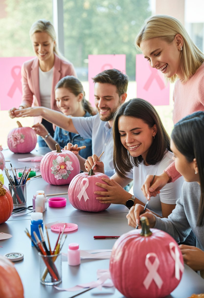 People gathered around tables decorating pink pumpkins at a community event to raise breast cancer awareness.