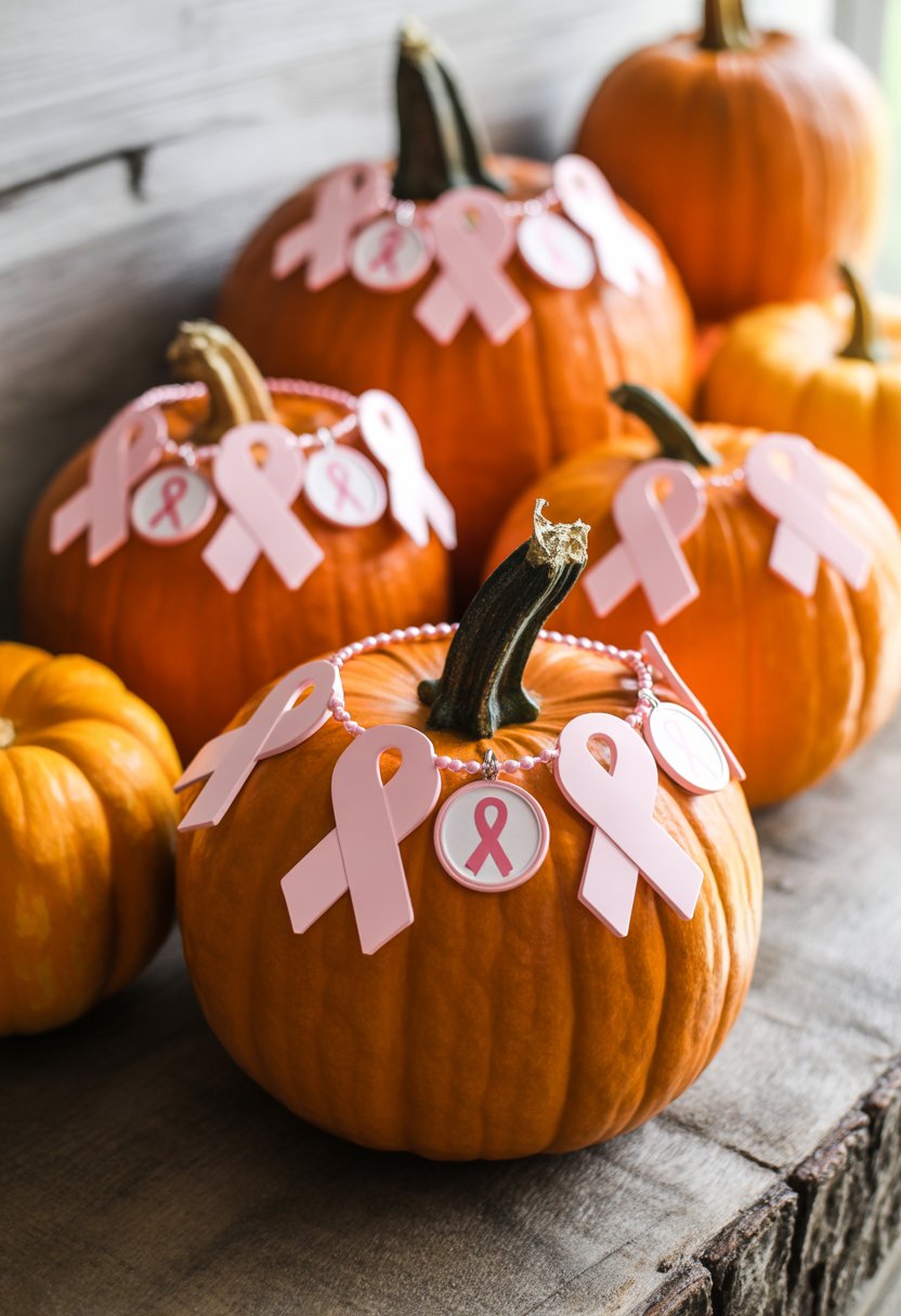 Several pumpkins decorated with pink breast cancer awareness charms and ornaments arranged on a wooden surface.