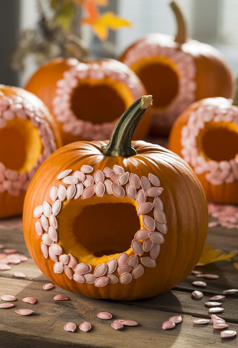 Several pumpkins with pink seeds arranged around their carved openings, displayed on a wooden surface with autumn leaves nearby.
