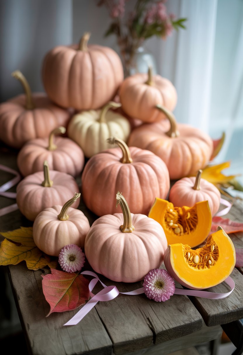 A collection of natural pink pumpkins arranged on a wooden table with autumn leaves and small pink ribbons, symbolizing breast cancer awareness.