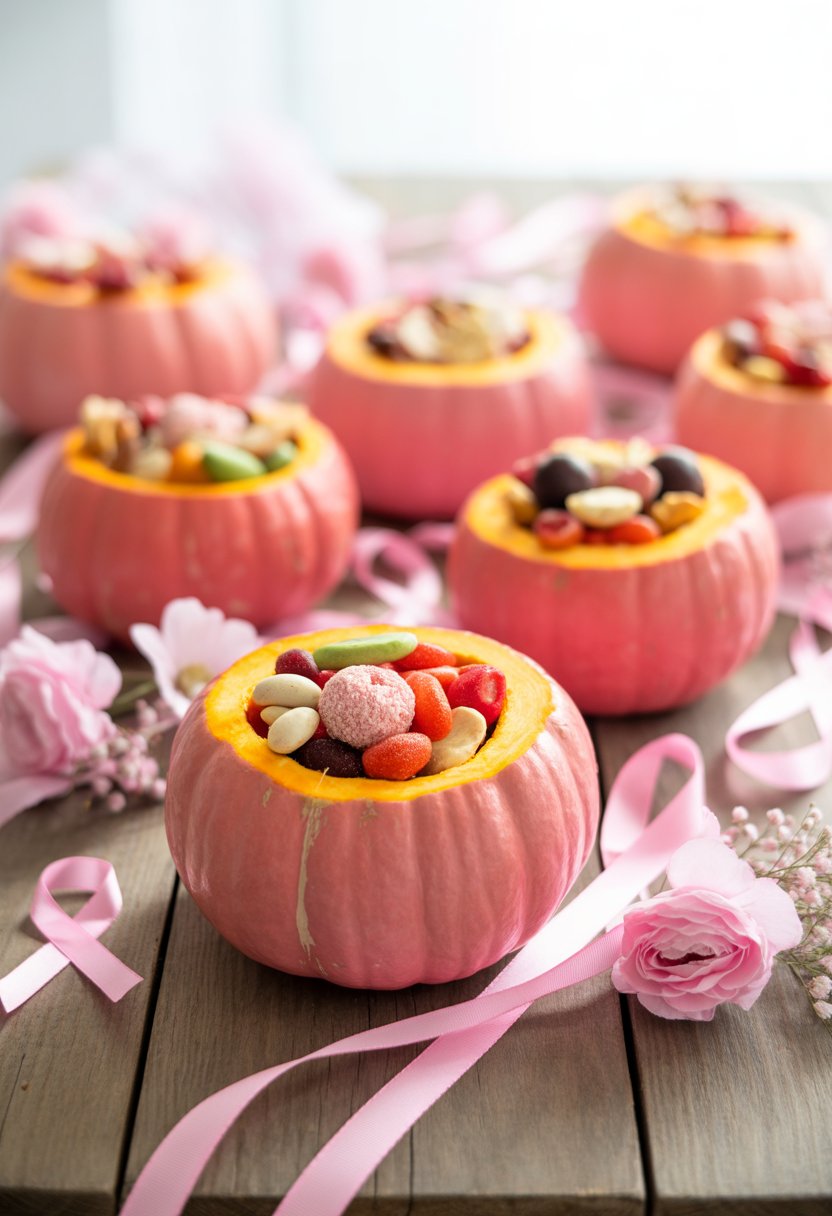 Small pink pumpkins hollowed out and filled with snacks arranged on a wooden table with pink ribbons and flowers around them.
