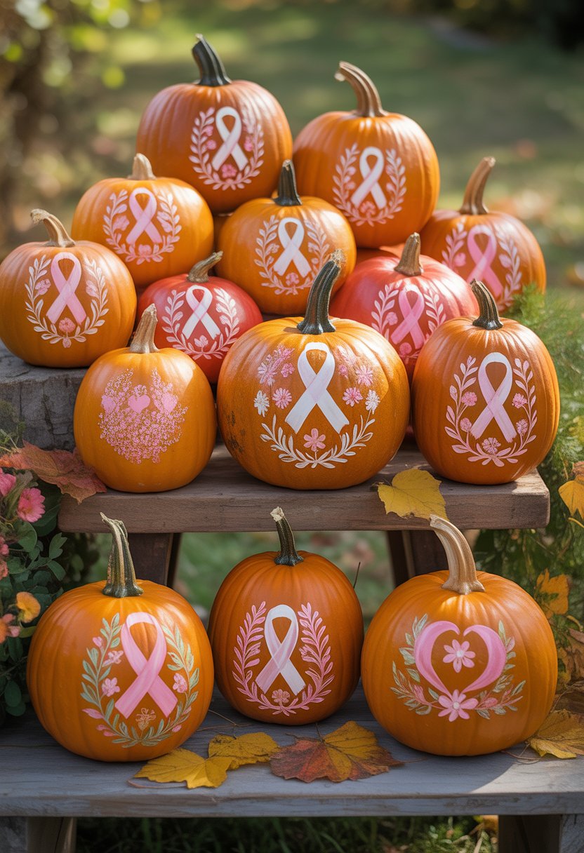 Fifteen artistically painted pumpkins with pink and floral designs arranged on a wooden table outdoors in autumn.