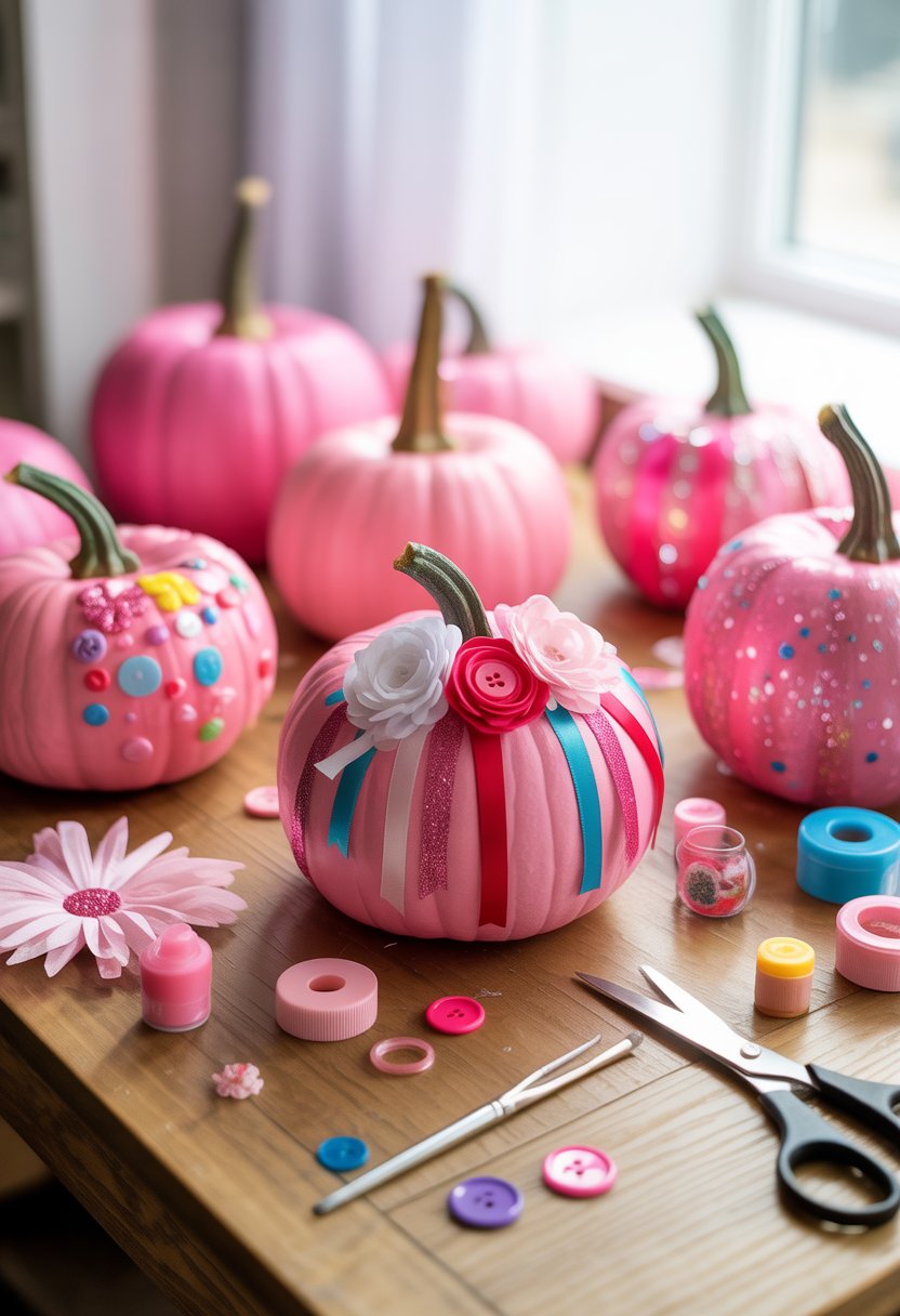 Pink styrofoam pumpkins decorated with craft supplies on a wooden table surrounded by scissors, glue, and beads.