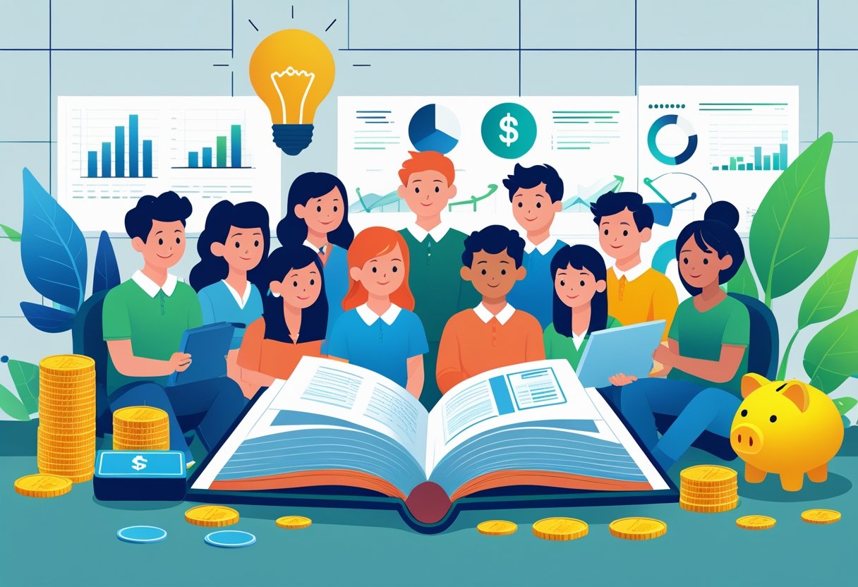 A group of young people gathered around a large open book with symbols of money, savings, and growth in a classroom setting.