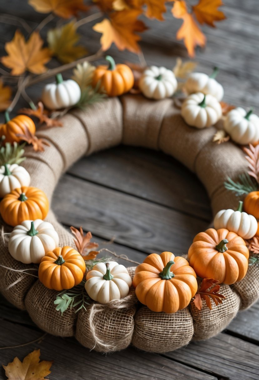 A rustic pumpkin-shaped wreath wrapped in burlap, decorated with small pumpkins, dried leaves, and greenery on a wooden surface.