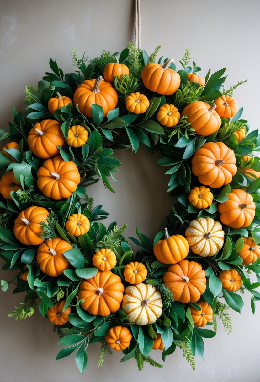 A circular wreath made of small orange pumpkins and green leaves arranged on a neutral background.