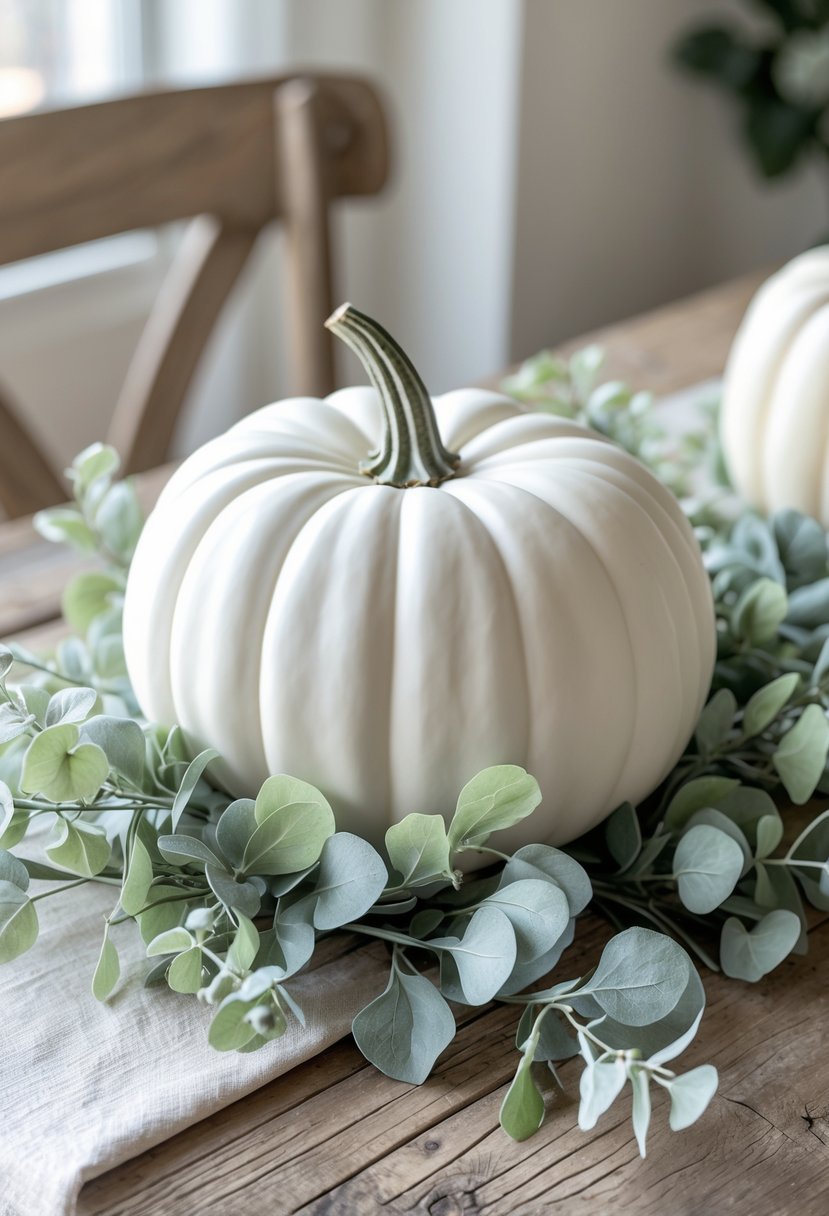 A white pumpkin surrounded by faux eucalyptus leaves on a wooden table.