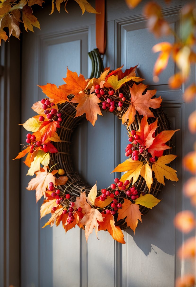 A pumpkin-shaped autumn wreath decorated with colorful fall leaves and red berries hanging on a wooden door.